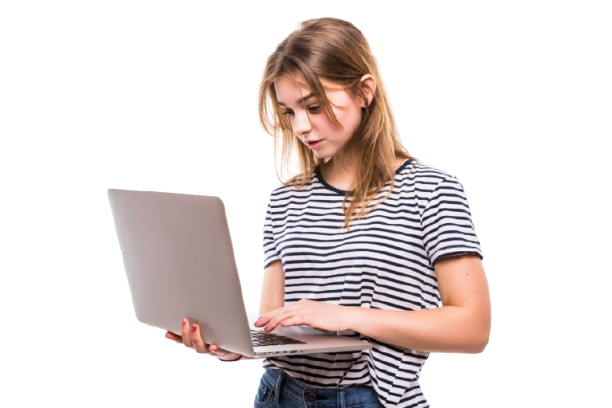 Student smiling while using a laptop on a beanbag